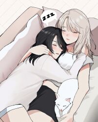  2girls black_hair black_shirt cat closed_eyes closed_mouth commentary couch cuddling cushion grey_hair grey_shirt highres long_hair multiple_girls on_couch original raimusoft shirt sleeping spoken_zzz untranslatable_commentary white_cat white_shirt yuri zzz 