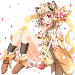  1girl black_socks blonde_hair blush brown_eyes flower flower_ornament frilled_skirt frills hair_flower hair_ornament highres holding holding_staff iijima_yun magical_girl new_game! open_mouth panties pantyshot shoes short_hair skirt smile socks staff underwear white_panties wide_sleeves xenon_(for_achieve) 