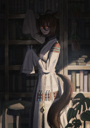  1girl absurdres agnes_tachyon_(tach-nology)_(umamusume) agnes_tachyon_(umamusume) ahoge animal_ears book bookshelf brown_hair coat commentary_request cork earrings hair_between_eyes highres hitsujiumi holding holding_test_tube horse_ears horse_girl horse_tail jewelry lab_coat long_sleeves parted_lips plant potted_plant single_earring sleeves_past_fingers sleeves_past_wrists smile solo stool tail test_tube umamusume white_coat wolf_cut 