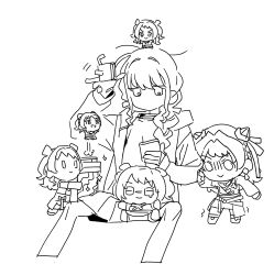  6+girls :> braid chibi chibi_on_head chibigurumi commentary_request cropped_legs drink_carton fighting_my_way_(idolmaster) fujita_kotone gakuen_idolmaster greyscale hanami_saki highres holding holding_drink_carton hood hooded_jacket idolmaster jacket jieshi-ld jitome jumping looking_ahead looking_at_another monochrome multiple_girls multiple_persona official_alternate_costume on_head simple_background sitting super_stamina_drink_(gakuen_idolmaster) surrounded twin_braids white_background 