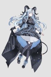  1girl absurdres arknights bang_dream! bang_dream!_it's_mygo!!!!! black_boots black_dress black_gloves black_horns black_pantyhose black_ribbon black_wrist_cuffs blue_hair boots brown_eyes closed_mouth clothing_cutout curled_horns dress earrings full_body gloves grey_background hair_ribbon hair_spread_out high-low_dress highres holding_own_skirt horn_ornament horn_ring horns jewelry long_hair looking_at_viewer pantyhose puffy_sleeves ribbon sidelocks simple_background single_glove solo striped_clothes striped_pantyhose tail thigh_cutout togawa_sakiko togawa_sakiko_(master_of_melodia) wrist_cuffs yugong 