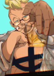  1boy blonde_hair blue_background blue_eyes blurry blurry_foreground glasses highres male_focus marco_(one_piece) mohawk one_piece open_clothes open_shirt shirt solo stktik09060906 upper_body white_shirt 