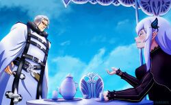  1boy 1girl black_capelet black_dress blue_sky blush breasts bug butterfly butterfly_hair_ornament capelet chair closed_mouth clouds cloudy_sky coat colored_eyelashes crossover cup dress echidna_(re:zero) english_commentary fur_trim green_butterfly hair_between_eyes hair_ornament highres ldarts long_hair long_sleeves medium_breasts mushoku_tensei open_mouth orsted_(mushoku_tensei) re:zero_kara_hajimeru_isekai_seikatsu saucer short_hair sitting sky smile standing striped_clothes striped_dress teacup teapot vertical-striped_clothes vertical-striped_dress white_coat white_eyelashes white_hair yellow_eyes 