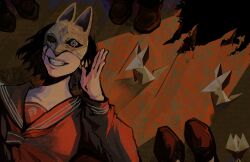  1girl absurdres blood blood_on_face fox_mask glowing glowing_eye highres kitsunic0 mask multiple_others origami school_uniform shimizu_hinako shoes silent_hill_(series) silent_hill_f smile 