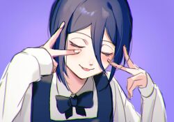  1girl black_dress blush chainsaw_man closed_eyes collared_shirt commentary double_v dress hair_between_eyes hanagumorimoa highres medium_hair official_alternate_costume pinafore_dress purple_background purple_hair reze_(chainsaw_man) school_uniform shirt sleeveless sleeveless_dress smile solo tongue tongue_out updo upper_body v white_shirt 