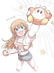  1girl blue_eyes blue_shorts blush_stickers braid brown_hair commentary_request cropped_legs cropped_shirt crossover denim denim_shorts holding idolmaster idolmaster_million_live! kirby_(series) kousaka_umi midriff navel ngetyan open_mouth shorts star_(symbol) waddle_dee 