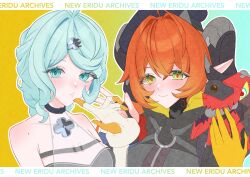  ashimi_fugo bare_shoulders blue_eyes blue_hair blush dragon_girl dragon_horns fingerless_gloves gloves green_eyes hair_ornament hat highres horns long_hair looking_at_viewer magus_(zenless_zone_zero) mechanical_horns mechanical_tail mole mole_on_shoulder orange_hair orange_pupils orphie_magnusson pointy_ears seed_(zenless_zone_zero) smile tail twintails two-tone_background white_background white_gloves yellow_gloves zenless_zone_zero 