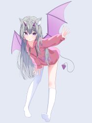  1girl absurdres animal_ear_fluff animal_ears asymmetrical_legwear cat_ears chinese_commentary colored_eyelashes commentary demon_girl demon_horns demon_tail demon_wings full_body furrowed_brow grey_background grey_hair hair_between_eyes hair_intakes hair_over_shoulder hand_on_own_thigh highres hood hood_down hoodie horns kneehighs leaning_forward long_hair looking_at_viewer mojingst no_shoes original outstretched_arm outstretched_hand pink_hoodie sidelocks simple_background single_thighhigh sleeves_past_wrists socks solo straight_hair tail thigh-highs very_long_hair violet_eyes white_socks white_thighhighs wings 