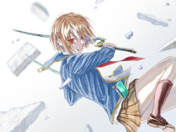  1girl black_socks brown_hair commentary_request dual_wielding hair_ornament hairpin heaven_burns_red highres holding holding_sword holding_weapon kayamori_ruka kneehighs necktie red_eyes red_necktie rubble school_uniform short_hair socks suyuu_63 sword traditional_media weapon 