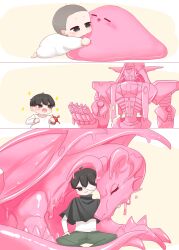  1boy :d absurdres age_progression baby black_eyes black_hair chuunibyou closed_eyes dragon eyepatch green_pants highres hikyou_takarasou hug long_sleeves mecha mecha_request original pants robot shirt short_hair slime_(creature) smile white_shirt 