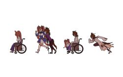  2girls age_progression aged_down agnes_tachyon_(casual)_(umamusume) agnes_tachyon_(tach-nology)_(umamusume) agnes_tachyon_(umamusume) ahoge animal_ears black_pants black_pantyhose black_thighhighs blue_jacket blue_skirt boots bow breasts brown_hair casual coat commentary crutch daiwa_scarlet_(casual)_(umamusume) daiwa_scarlet_(peak_blue)_(umamusume) daiwa_scarlet_(umamusume) english_commentary faceless faceless_female frills hair_between_eyes hair_intakes highres holding_crutch horse_ears horse_girl horse_tail jacket jewelry johnholl0w lab_coat long_hair long_sleeves medium_hair multiple_girls off-shoulder_shirt off-shoulder_sweater off_shoulder open_mouth pants pantyhose purple_shirt purple_skirt purple_sweater running school_uniform shirt simple_background sitting skirt sleeves_past_fingers sleeves_past_wrists smile sweater tail thigh-highs tiara tracen_school_uniform twintails umamusume umamusume_horse_relations very_long_hair wheelchair white_boots white_coat white_skirt white_thighhighs wolf_cut 