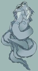  2boys arm_around_neck back_fin blue_background blue_skin brothers chuu_ni closed_eyes colored_skin commentary_request eel_boy entangled fins floyd_leech floyd_leech_(eel) hand_on_another's_back head_fins jade_leech jade_leech_(eel) male_focus monochrome monster_boy multicolored_hair multiple_boys parted_bangs short_hair siblings simple_background streaked_hair twins twisted_wonderland webbed_hands 