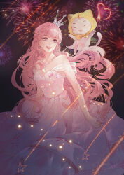  1girl ^_^ aerial_fireworks animal bare_shoulders beads blunt_bangs bow bowtie bracelet braid brown_eyes cat chinese_commentary cloak closed_eyes clothed_animal commentary_request cowboy_shot crown dress ear_covers earrings eyelashes fireworks happy heartwarming_flame_(shining_nikki) highres holding holding_fireworks hood hood_up hooded_cloak jewelry light_particles lipstick long_dress long_hair makeup mini_crown momo_(nikki) neck night nikki_(nikki) nikki_(series) off-shoulder_dress off_shoulder open_mouth orange_bow orange_bowtie outdoors pink_dress pink_hair pink_lips pleated_dress see-through_clothes see-through_sleeves shining_nikki shooting_star_(symbol) short_sleeves single_braid situ_ming_ling_hua_yi smile sparkler standing teeth traditional_bowtie upper_teeth_only very_long_hair wavy_hair white_cat white_crown white_sleeves yellow_cloak 
