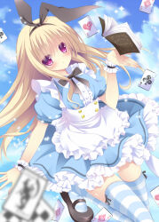  1girl alice's_adventures_in_wonderland alice_(alice_in_wonderland) apron black_shoes blonde_hair book breasts buttons card hand_up light_blush long_hair looking_at_viewer pink_eyes playing_card puffy_sleeves shibainu_niki shoes solo striped_clothes striped_thighhighs thigh-highs white_apron 