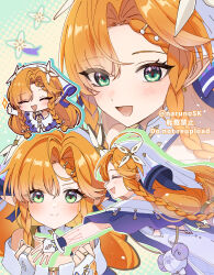  1girl braid braided_sidelocks bridal_gauntlets commentary_request earrings green_eyes hair_ornament highres jacket jewelry looking_at_viewer multicolored_jacket multiple_braids multiple_views naruno_suke_(narunosk) off-shoulder_jacket off_shoulder open_mouth orange_hair pointy_ears purple_jacket sidelocks sigrika_(wuthering_waves) smile solo thumbs_up twitter_username two-tone_jacket veil white_bridal_gauntlets white_veil wuthering_waves 
