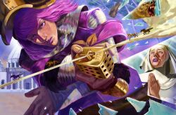  1girl bandages bear black_hat bodysuit broken_glass building capelet clothing_cutout commentary cream_starter_(stand) crossed_arms crown crying crying_with_eyes_open english_commentary flower_ornament gets_up_(horse) glass grey_bodysuit hat highres hijo_joestar horse hot_pants_(sbr) jojo_no_kimyou_na_bouken makeup mullet nun parted_lips pink_capelet pink_eyes pink_hair pink_lips short_hair shoulder_cutout sparkle stand_(jojo) steel_ball_run tears 