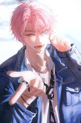  1boy absurdres aegyo_sal aqua_eyes blue_jacket chain chain_bracelet chain_necklace diagonal-striped_clothes diagonal-striped_necktie earrings fukuhara_tamon highres jacket jewelry l_hand looking_at_viewer lower_teeth_only mala_ban_ban_gua male_focus mole mole_under_eye multicolored_necktie necklace necktie one_eye_closed open_mouth parted_bangs pink_hair procreate_(medium) ring shirt short_hair simple_background star_(symbol) striped_clothes tamon-kun_ima_docchi teeth upper_body white_shirt 