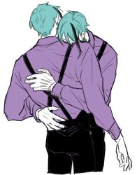  2boys black_pants blue_hair brothers chuu_ni closed_eyes collared_shirt commentary_request earrings floyd_leech from_behind hug jade_leech jewelry male_focus multicolored_hair multiple_boys pants piercing purple_shirt shirt shirt_tucked_in short_hair siblings simple_background single_earring sleeve_cuffs streaked_hair suspenders twins twisted_wonderland white_background 