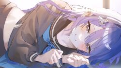  1girl absurdres arcana_(fortune_mate)_(nikke) arcana_(nikke) black_serafuku blue_hair blue_neckerchief blunt_bangs blush commentary_request goddess_of_victory:_nikke grey_eyes hair_ornament highres korean_commentary long_hair looking_at_viewer lying neckerchief on_side parted_lips school_uniform serafuku solo suju0813 very_long_hair 