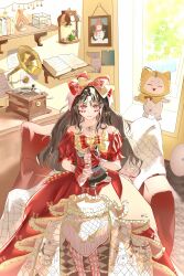  1girl ^_^ absurdres ahoge animal argyle_bow argyle_bowtie argyle_clothes argyle_pantyhose armchair bead_necklace beads black_hair blue_sky book bow bowtie brooch carpet cat chair character_doll chinese_commentary cloak closed_eyes clothed_animal commentary_request crimson_rhapsody_(infinity_nikki) day doll dress ear_covers esseling_(infinity_nikki) feet_out_of_frame felispirit_sack_(infinity_nikki) fish frilled_dress frilled_sleeves frilled_wrist_cuffs frills goldfish gown hair_bow hair_ribbon happy heart heart_brooch heart_necklace highres hime_lolita holding holding_stuffed_toy hood hood_up hooded_cloak indoors infinity_nikki jewelry large_bow living_room lolita_fashion long_dress long_hair mannequin momo_(nikki) multiple_hair_bows navel necklace nikki_(series) off-shoulder_dress off_shoulder on_chair open_book pantyhose phonograph photo_(object) picture_frame pillow puffy_short_sleeves puffy_sleeves red_bow red_bowtie red_dress red_pantyhose red_ribbon red_wrist_cuffs ribbon shelf short_sleeves sidelocks sitting sky snowman stuffed_toy suisui61033 tree two-sided_dress two-sided_fabric two-tone_bow two-tone_bowtie two-tone_ribbon very_long_hair wavy_hair white_cat window wrist_cuffs yellow_bow yellow_bowtie yellow_cloak yellow_ribbon 