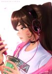  1girl black_choker bracelet brown_eyes brown_hair bubble_tea cable casual cellphone choker cup d.va_(overwatch) disposable_cup drinking_straw english_commentary facial_mark fingernails from_side hair_pulled_back headphones highres hood hood_down hoodie jewelry lips listening_to_music long_hair looking_at_phone moddedjoker open_clothes open_hoodie overwatch petals phone pink_hoodie pink_nails ponytail print_shirt shirt smartphone solo whisker_markings white_background white_shirt 