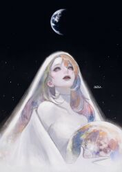  1girl absurdres artemis_ii b_borbor black_background blue_hair commentary earrings earth_(planet) english_commentary green_hair highres holding_moon jewelry looking_up moon multicolored_hair orange_hair original personification planet purple_hair shawl solo space star_(sky) turtleneck veil white_shawl white_veil 