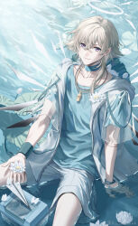  1boy arknights artist_name blonde_hair blue_choker blue_shirt bracelet choker collarbone detached_wings energy_wings enforcer_(arknights) enforcer_(paper_wing)_(arknights) flower halo highres jacket jewelry kosame_kkk light_smile lotus_leaf medium_hair open_clothes open_jacket pants paper_airplane partially_submerged see-through_clothes see-through_sleeves shirt short_sleeves sitting solo twitter_username violet_eyes water whistle whistle_around_neck white_flower white_jacket white_pants wings wristband 