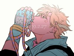  1boy adam's_apple arm_up battle_tendency blonde_hair blue_gloves caesar_anthonio_zeppeli chuu_ni closed_mouth collared_jacket commentary_request dated facial_mark fake_head_wings fingerless_gloves from_side gloves green_eyes head_back holding holding_headband jacket jojo_no_kimyou_na_bouken looking_up male_focus medium_sideburns pink_scarf profile scarf short_hair sideburns solo unworn_headwear 