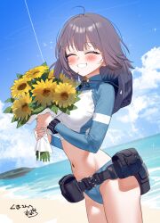  1girl :d absurdres belt blue_archive blue_panties blue_sky bouquet closed_eyes clouds commentary_request commission cropped_rash_guard flower grey_hair hat highres holding holding_bouquet looking_at_viewer navel ocean outdoors panties rash_guard ring_of_light_(blue_archive) saki_(blue_archive) saki_(swimsuit)_(blue_archive) second-party_source short_hair skeb_commission sky smile subachi sunflower thighs translation_request underwear unworn_hat unworn_headwear utility_belt 