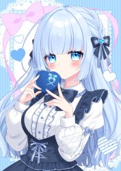  1girl artist_name black_corset black_ribbon blue_background blue_border blue_eyes blue_gem blue_hair blue_nails blue_ribbon blue_theme blush border bow breasts buttons closed_mouth collar collared_dress commentary corset cross-laced_clothes cross-laced_corset dot_nose dress english_commentary facing_to_the_side fingernails frilled_dress frills gem hair_ornament hair_ribbon heart heart_print highres holding holding_heart long_hair long_sleeves looking_at_viewer medium_breasts original pink_bow puffy_long_sleeves puffy_sleeves ribbon sidelocks simple_background solo star_(symbol) star_in_eye stardrop striped_border symbol_in_eye upper_body valentine very_long_hair white_background 