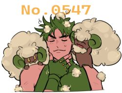  1boy :> ^_^ arm_up bare_shoulders battle_tendency black_hair chuu_ni closed_eyes closed_mouth commentary_request cotton_ball cropped_torso crossover curled_horns fingerless_gloves gloves green_shirt hand_on_own_chin horns jojo_no_kimyou_na_bouken joseph_joestar joseph_joestar_(young) male_focus on_shoulder open_mouth pokemon pokemon_(creature) pokemon_on_shoulder shirt short_hair sleeveless sleeveless_shirt smile sweatdrop thick_eyebrows whimsicott yellow_eyes 