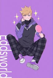  1boy alternate_costume animification bad_id bad_twitter_id bishounen black_hoodie black_pants black_sweater blush bonudun commentary_request copyright_name drawstring eddsworld film_grain full_body grin hand_up highres holding holding_mirror hood hood_down hoodie long_sleeves male_focus matt_(eddsworld) mirror multicolored_hoodie orange_hair pants plaid_clothes plaid_pants purple_background purple_hoodie purple_shoes shoe_soles shoes short_hair simple_background sitting smile sneakers solo sparkle spiky_hair sweater tied_drawstring turtleneck turtleneck_sweater violet_eyes 