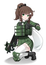  1girl :< absurdres ammunition_pouch black_boots black_scrunchie boots brown_gloves brown_hair brown_shirt brown_skirt bulletproof_vest bullpup closed_mouth gloves green_eyes gun hair_ornament hair_scrunchie highres k0ng knee_pads kneeling magazine_(weapon) medium_hair original p90 pleated_skirt ponytail pouch red_dot_sight scarf scrunchie shirt simple_background skindentation skirt solo submachine_gun thigh-highs weapon white_background white_scarf white_thighhighs zettai_ryouiki 