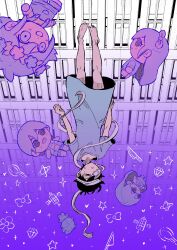  1boy aubrey_(headspace)_(omori) aubrey_(omori) bandage_over_one_eye bandaged_head bandages barefoot basil_(headspace)_(omori) basil_(omori) black_eyes black_hair character_doll commentary_request crying crying_with_eyes_open doll hero_(headspace)_(omori) hero_(omori) highres hospital_gown kel_(headspace)_(omori) kel_(omori) mari_(headspace)_(omori) mari_(omori) natsuki0248 omori short_hair short_sleeves solo spoilers stuffed_toy sunny_(hospital_gown)_(omori) sunny_(omori) tears upside-down 