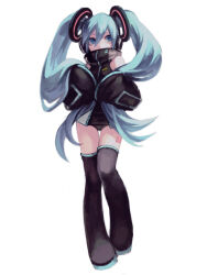  1girl 9ibem bad_drawr_id bad_id bare_shoulders blue_hair circle_hair_ornament hatsune_miku headphones holding_own_hair jacket long_hair long_sleeves multicolored_jacket number_tattoo panties sleeves_past_fingers sleeves_past_wrists tattoo thigh-highs twintails two-tone_jacket underwear vocaloid white_background 