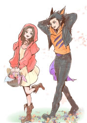  1boy 1girl aerith_gainsborough alternate_costume animal_ears apple arms_behind_head arms_up basket black_choker black_hair black_jacket black_pants blue_eyes boots brown_boots brown_hair choker commentary_request cosplay cross_scar dress final_fantasy final_fantasy_vii final_fantasy_vii:_ever_crisis flower food fruit full_body green_eyes halloween halloween_costume highres holding holding_basket hood hoodie jacket little_red_riding_hood_(fairy_tale) little_red_riding_hood_(fairy_tale_character) little_red_riding_hood_(fairy_tale_character)_(cosplay) long_sleeves looking_at_another ninnin5tora official_alternate_costume open_clothes open_jacket open_mouth orange_hoodie pants pink_ribbon red_hood ribbon scar scar_on_cheek scar_on_face standing standing_on_one_leg walking wolf_ears yellow_dress zack_fair zack_fair_(black_hound) 