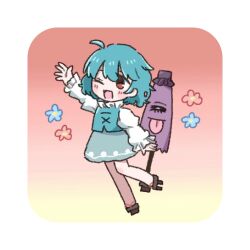  1girl ;d ahoge arm_up blue_hair blue_skirt blue_vest blush brown_shoes commentary flower full_body geta gradient_background highres karakasa_obake long_sleeves one_eye_closed open_mouth red_eyes salt_(saltty) shirt shoes short_hair skirt smile solo tatara_kogasa touhou umbrella vest white_shirt 