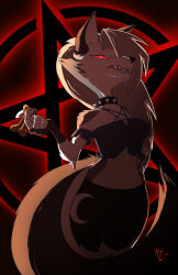  1girl animal_ears artist_name black_shorts commentary cowboy_shot crescent_print crop_top cropped_shirt english_commentary furry furry_female grey_shirt hand_on_own_hip hellaverse helluva_boss highres loona_(helluva_boss) mikakele navel off_shoulder open_mouth pentagram pentagram_cutout shirt short_shorts shorts solo tail wolf_ears wolf_girl wolf_tail 