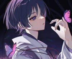  1boy artist_name black_background blunt_ends bug butterfly butterfly_on_hand clothing_cutout colored_inner_hair curled_fingers eyelashes eyeliner fingernails from_side genshin_impact hair_over_one_eye hand_up highres jairosan japanese_clothes kariginu kimono layered_sleeves looking_at_animal makeup male_focus multicolored_hair open_mouth pink_butterfly purple_kimono purple_sleeves red_eyeliner scaramouche_(genshin_impact) scaramouche_(kabukimono)_(genshin_impact) shoulder_cutout solo string tsurime violet_eyes white_sleeves wispy_bangs 