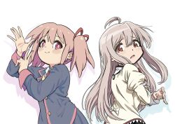 2girls ahoge ane_moire cosplay costume_switch hair_ribbon highres kaname_madoka long_hair long_sleeves looking_at_viewer looking_back mahou_shoujo_madoka_magica mahou_shoujo_madoka_magica_(anime) mitakihara_school_uniform multiple_girls multiple_style_parody neck_ribbon onii-chan_wa_oshimai! open_mouth orange_eyes oyama_mahiro parody pink_eyes pink_hair ribbon school_uniform simple_background smile style_parody twintails v white_background yotsuba_university_affiliated_junior_high_school_uniform