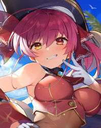  1girl :d absurdres aoi_momo ascot bare_shoulders bicorne black_choker black_hat blush breasts buttons choker commentary_request crop_top cropped_jacket embroidery frilled_choker frills gloves gold_trim grin hair_ribbon hand_on_own_hip happy hat heterochromia highres hololive houshou_marine houshou_marine_(1st_costume) jacket leotard leotard_peek leotard_under_clothes long_hair looking_at_viewer medium_breasts midriff paid_reward_available palm_tree pirate_costume red_eyes red_hair red_jacket red_ribbon ribbon see-through_clothes see-through_leotard smile solo summer tree tropical twintails v virtual_youtuber white_gloves yellow_eyes 