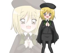  1192ii960 1girl :d aged_down anime_coloring beret black_hat black_jacket black_pantyhose black_ribbon black_skirt blazer blonde_hair blush brooch brown_eyes buttons child clenched_hands collared_shirt commentary_request cosplay dot_nose feet_out_of_frame gem green_gem hat higurashi_no_naku_koro_ni jacket jewelry long_sleeves neck_ribbon open_mouth own_hands_together pantyhose pencil_skirt ribbon self_cosplay shirt short_hair simple_background skirt smile solo standing takano_miyo takano_miyo_(cosplay) tanashi_miyoko tongue white_background white_shirt zoom_layer 