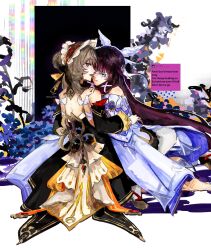  2girls absurdres bonnet columbina_(genshin_impact) eye_contact genshin_impact hair_ornament headdress highres kiss looking_at_another mihoyo multiple_girls sandrone_(genshin_impact) white_headdress white_wings wing_hair_ornament wings yuri zahauku 