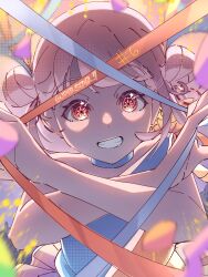  1girl :d absurdres arashi_chisato bare_shoulders blue_dress blue_ribbon commentary_request double_bun dress episode_number frilled_dress frills grin hair_bun highres long_hair looking_at_viewer love_live! love_live!_superstar!! orange_dress orange_eyes orange_ribbon piririi ribbon single-shoulder_dress smile solo tokonatsu_sunshine two-tone_dress upper_body white_hair 