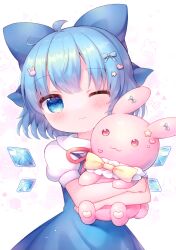  1girl ;) absurdres ahoge blue_bow blue_dress blue_eyes blue_hair blush bow cirno closed_mouth coa_(chroo_x) collared_shirt detached_wings dress fairy hair_bow hair_ornament heart heart_hair_ornament highres holding holding_stuffed_toy hugging_doll hugging_object ice ice_wings one_eye_closed puffy_short_sleeves puffy_sleeves rabbit_hair_ornament shirt short_hair short_sleeves smile solo star_(symbol) star_hair_ornament stuffed_animal stuffed_rabbit stuffed_toy third-party_source touhou upper_body white_shirt wings 