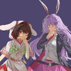  2girls adapted_costume alternate_costume animal_ears belt black_belt black_coat blazer brown_hair closed_mouth coat collared_shirt commentary_request crescent crescent_pin highres hood hood_up inaba_tewi jacket l0e9s29p long_hair long_sleeves looking_at_viewer multiple_girls navel necktie open_clothes open_coat partial_commentary pink_necktie pink_skirt purple_background purple_hair rabbit_ears rabbit_girl red_eyes reisen_udongein_inaba shirt short_sleeves skirt smile touhou touhou_gensou_eclipse very_long_hair white_hood white_shirt 