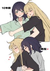 2girls absurdres black_shirt blonde_hair blush cho_kaguya-hime! commentary cuddling drooling green_eyes green_shirt grey_shirt heart highres hug hug_from_behind kaedemaru kaguya_(cho_kaguya-hime!) long_hair mole mole_under_eye multiple_girls open_mouth purple_hair sakayori_iroha shirt simple_background sleeping smile translation_request untranslatable_commentary white_background yuri 