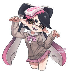  1girl alternate_costume arms_up black_hair bow-shaped_hair brown_sweater buttons callie_(splatoon) commentary dot_nose food food_on_head gradient_hair highres inkling long_hair mole mole_under_eye multicolored_hair object_on_head pink_hair pink_skirt plaid_clothes plaid_skirt pointy_ears puchiman short_eyebrows signature simple_background skirt smile solo splatoon_(series) sushi sweater teeth tentacle_hair thick_eyebrows two-tone_hair untranslatable_commentary very_long_hair white_background 