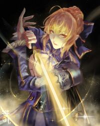  absurdres ahoge armor artoria_pendragon_(fate) aura blonde_hair blue_bow blue_dress bow braid braided_bun commentary dress english_commentary excalibur_(fate/stay_night) fate/stay_night fate_(series) green_eyes hair_between_eyes hair_bow hair_bun highres honkai:_star_rail honkai_(series) medium_hair saber_(fate) saber_(honkai:_star_rail)_(fate) sleemonkv 