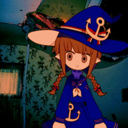  1girl :> anchor anchor_hair_ornament artist_request ball_hands blue_sailor_collar blue_shirt blue_skirt blurry blurry_background braid brown_eyes brown_hair distortion funamusea hair_ornament hair_ribbon hat hat_ribbon highres neckerchief oounabara_to_wadanohara photo_background pointy_ears ribbon ribbon_braid sailor sailor_collar shirt sidelocks skirt standing third-party_source twin_braids wadanohara white_neckerchief witch witch_hat 
